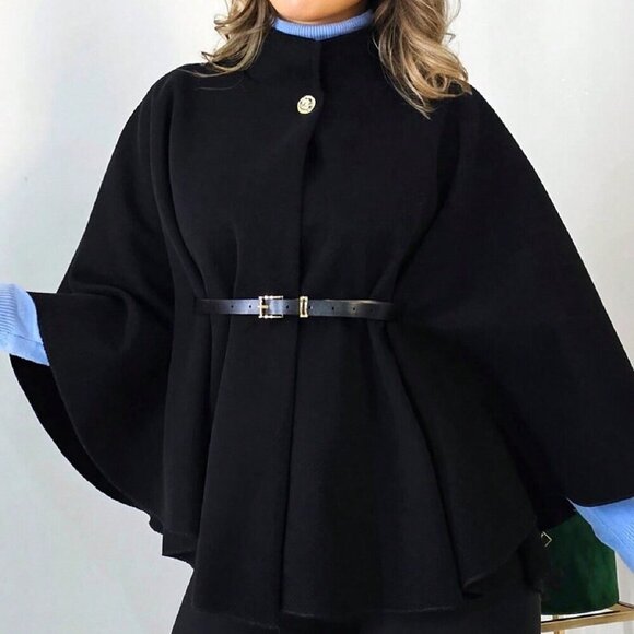 Black Casual Women's Elegant Stand Collar Loose fit belted Coat Jacket - Picture 6 of 7